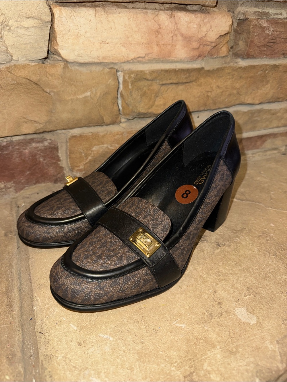 Michael Kors Brown & Black Logo Block Heel Loafers